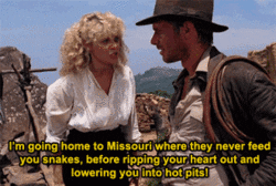Moving picture showing a woman yelling at Indiana Jones